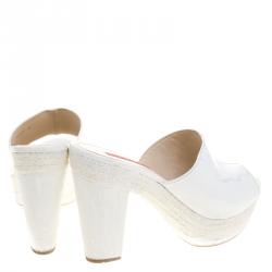 Pre Owned Prada Sport White Patent Leather Espadrille Platform Clogs Size 37