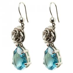 Pre Owned Prada Rose Blue Crystal Silver Tone Fish Hook Dangle Earrings 