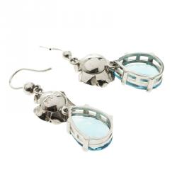 Pre Owned Prada Rose Blue Crystal Silver Tone Fish Hook Dangle Earrings 
