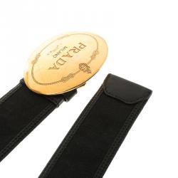 Prada Black Leather and Canvas Cinture Buckle Belt 85 CM