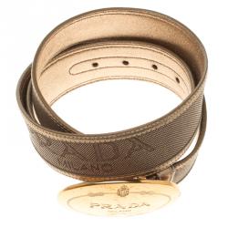 Prada Gold Canvas and Leather Cinture Buckle Belt 95 CM
