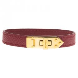 Prada Burgundy Gold Plated Leather Turn Lock Bracelet