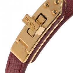 Prada Burgundy Gold Plated Leather Turn Lock Bracelet