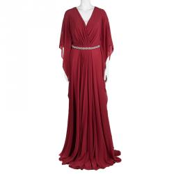 Pre Owned Prada Red Silk Embellished Belt Detail Kaftan Style Gown M