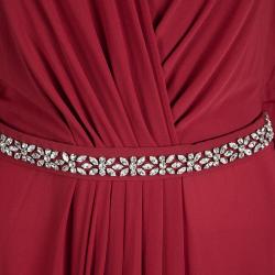 Pre Owned Prada Red Silk Embellished Belt Detail Kaftan Style Gown M