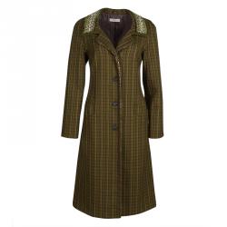 Pre Owned Prada Green Checked Wool Stone Embellished Overcoat S