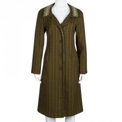 Pre Owned Prada Green Checked Wool Stone Embellished Overcoat S