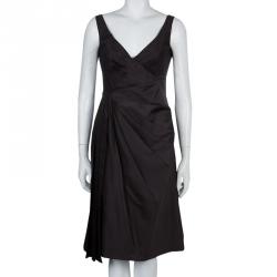 Pre Owned Prada Dark Brown Silk Pleated Sleeveless Dress M