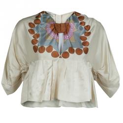 Pre Owned Prada Cream Printed Dolman Sleeve Cropped Blouse M