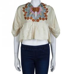 Pre Owned Prada Cream Printed Dolman Sleeve Cropped Blouse M