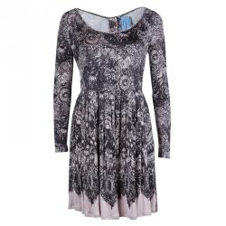 Prada Black and Pink Floral Print Jersey Long Sleeve Dress S