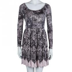 Prada Black and Pink Floral Print Jersey Long Sleeve Dress S