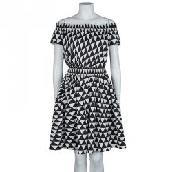 Prada Brown and White Geometric Print Off Shoulder Cotton Dress L