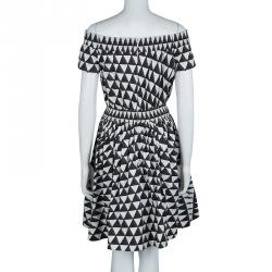 Prada Brown and White Geometric Print Off Shoulder Cotton Dress L