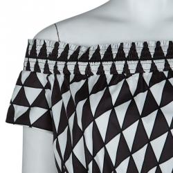 Prada Brown and White Geometric Print Off Shoulder Cotton Dress L