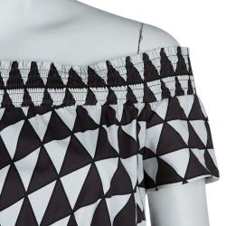 Prada Brown and White Geometric Print Off Shoulder Cotton Dress L