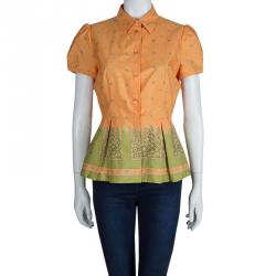 Pre Owned Prada Orange Floral Printed Box Pleat Detail Short Sleeve Shirt M