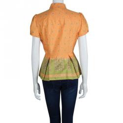 Pre Owned Prada Orange Floral Printed Box Pleat Detail Short Sleeve Shirt M