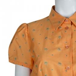 Pre Owned Prada Orange Floral Printed Box Pleat Detail Short Sleeve Shirt M