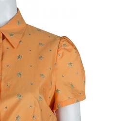 Pre Owned Prada Orange Floral Printed Box Pleat Detail Short Sleeve Shirt M
