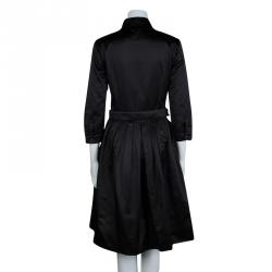 Pre Owned Prada Black Silk Pleated Button Down Belted Dress M
