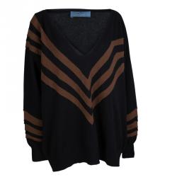 Pre Owned Prada Black Wool Striped V-Neck Oversized Sweater S