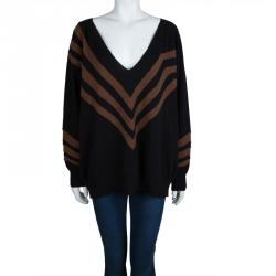 Pre Owned Prada Black Wool Striped V-Neck Oversized Sweater S