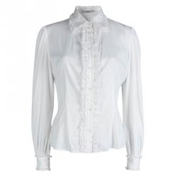 Pre Owned Prada White Lace Ruffle Detail Long Sleeve Button Front Shirt M