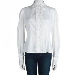 Pre Owned Prada White Lace Ruffle Detail Long Sleeve Button Front Shirt M