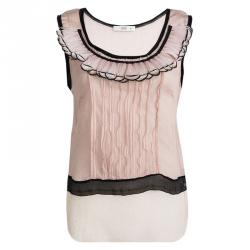 Prada Pink Crinkled Silk Feather Embellished Sleeveless Top L