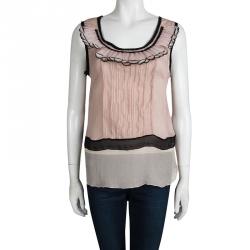 Prada Pink Crinkled Silk Feather Embellished Sleeveless Top L