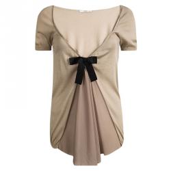 Pre Owned Prada Beige Silk Knit Pleated Front Bow Detail Top M