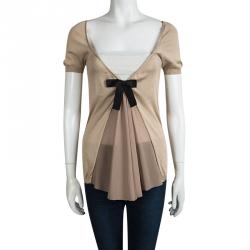 Pre Owned Prada Beige Silk Knit Pleated Front Bow Detail Top M