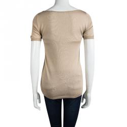 Pre Owned Prada Beige Silk Knit Pleated Front Bow Detail Top M