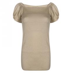 Pre Owned Prada Beige Knit Gathered Short Sleeve Top M