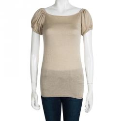 Pre Owned Prada Beige Knit Gathered Short Sleeve Top M