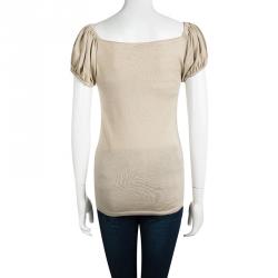 Pre Owned Prada Beige Knit Gathered Short Sleeve Top M