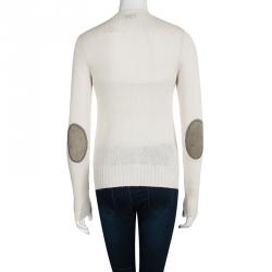 Pre Owned Prada Cream Knit Contrast Elbow Patch Detail Button Front Cardigan S