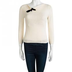 Pre Owned Prada Cream Contrast Bow Detail Sweater S