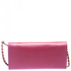 Pre Owned Prada Pink Saffiano Metal Leather Wallet on Chain
