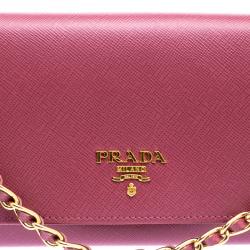 Pre Owned Prada Pink Saffiano Metal Leather Wallet on Chain