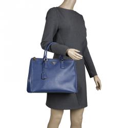 Prada Blue Saffiano Lux Leather Large Double Zip Tote