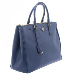 Prada Blue Saffiano Lux Leather Large Double Zip Tote