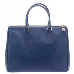 Prada Blue Saffiano Lux Leather Large Double Zip Tote