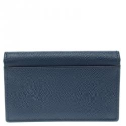 Pre Owned Prada Navy Blue Saffiano Metal Leather Business Card Holder 