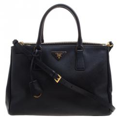 Pre Owned Prada Black Saffiano Lux Leather Double Zip Tote