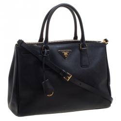 Pre Owned Prada Black Saffiano Lux Leather Double Zip Tote