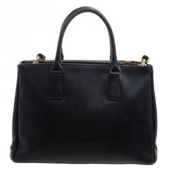 Pre Owned Prada Black Saffiano Lux Leather Double Zip Tote