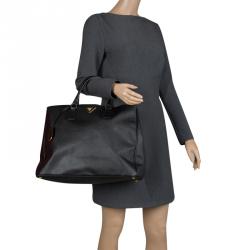 Pre Owned Prada Black Saffiano Lux Leather Executive Double Zip Tote