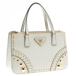 Pre Owned Prada Off White Saffiano Leather Studded Double Zip Tote